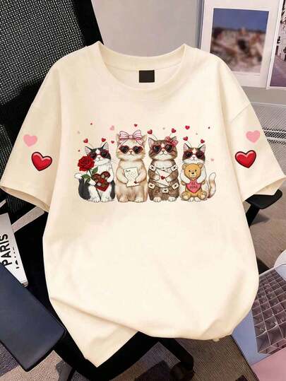 Camiseta de verano con diseño de gato feliz con corazón de amor, talla grande, gato lindo enamorado de Cupido
