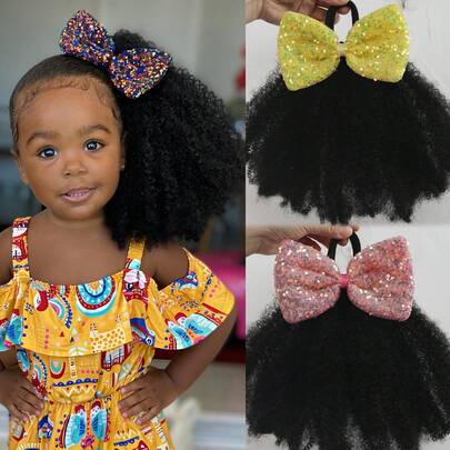  1pc Synthetic Natural Black Hair With Bow Clip Kids Exploding Curl Ponytails For Halloween & Daily Wear