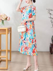 FANMUER 新款时尚花卉叶子印花波西米亚风优雅休闲度假连衣裙，女士夏季款 - 淺藍色 - 查看 6