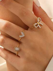 3pcs/Set Fashionable Minimalist Elegant Versatile Gold-Plated Stainless Steel Geometric Bow Tie & Heart Adjustable Rings, Suitable For Women's Daily, Party, Date Wear