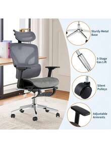 Silla de oficina ergonómica con espalda y reposapiés de malla transpirables, soporte de espalda alta, reposabrazos ajustables en 3D y ruedas rodantes lisas - Silla de escritorio cómoda para trabajar, estudiar o jugar - Gris - Ver 5