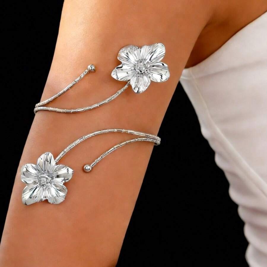 1pc Punk & European Style Exaggerated Alloy Enamel Floral Bracelet, Colorful Flower Armband For Women.  & Stylish For Summer, Daily Wear, Holidays,  Mother's Day Gifts, Social Gatherings, Beach Trips & Vacation Jewelry - 銀色 - 查看 1