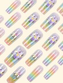 24 piezas Uñas postizas acrílicas de estilo francés con brillo, en color rosa claro, con diseños de rayas geométricas, flores, dibujos animados y arcoíris, en un estilo dulce, lindo, minimalista y elegante, adecuado para uso diario, fiestas, citas con amigos, etc. - Multicolor - Ver 3