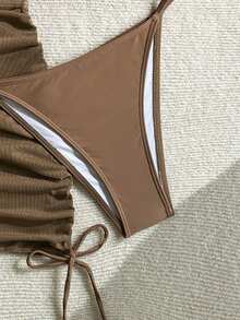 三件套性感纯色比基尼套装，含薄纱罩衫，适合度假、海滩派对、新年和情人节，展现优雅个性，欧美时尚风格，春夏款。