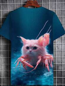 Men'S Casual T-Shirt With Unique Cat-Crab Design - Blue Gradient, Short Sleeve, Round Neck, Comfortable & Stylish For Casual Attire, Everyday Tshirt |   Playful Graphic Tee |   Stretchable Fabric - 混合色 - 查看 4