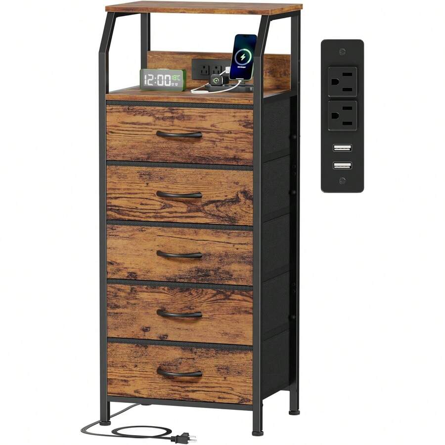 Vintage Nightstand With Charging Station And 3 Drawers - Chocolate Brown - View 1