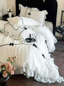 公主风被套套装，黑色蝴蝶结床上用品套装，四季皆宜 - 三件套（1 个被套，2 个枕套）超柔软透气时尚被套
