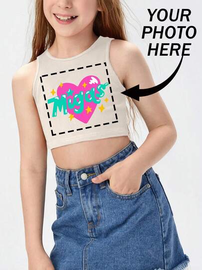 Spring And Autumn Girls Versatile Customizable Slim Top Vest, Customizable Cartoon Cute Fashion Pattern Girls Clothing, Slim Fit, Suitable For Family Leisure And Outdoor Sports, Modern Look