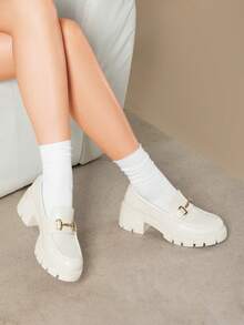 Women's Loafers Platform Chunky Loafers 2.17-Inch Heel Pumps Slip On Casual Commute Versatile Leather Shoes - Beige - View 9