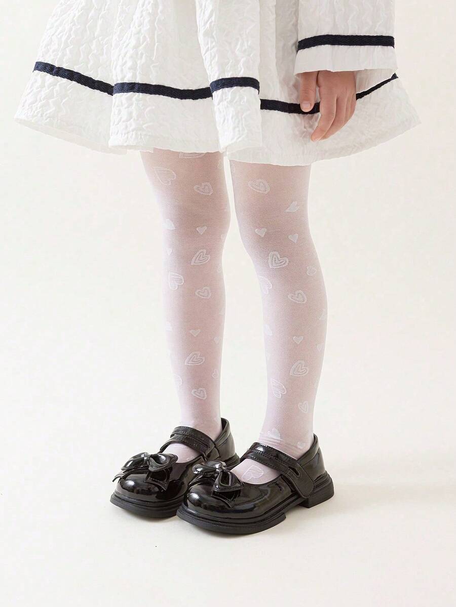 1pc Girls' Lightweight, Breathable White Socks With Heart Pattern Decoration, Skin-Friendly, Soft And Comfortable, Fashion Casual Tights, Suitable For Daily Life, School, Holidays, Birthdays, Valentine's Day, Stage Performance - White - View 1