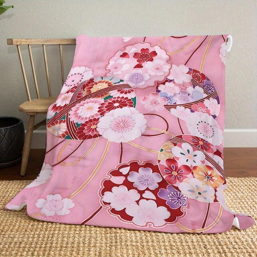 Cozy Japanese Kimono & Cherry Blossom Print Polyester Throw Blanket - Soft, All-Season Flannel For Naps, Camping, Travel & Home Office Decor - Perfect Gift For Friends And Family - 混合色 - 查看 1