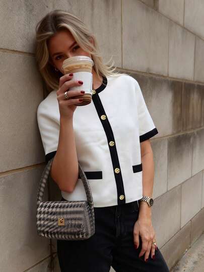 Suéter de alta gama para mujer, blusa de punto casual minimalista de manga corta y abotonada, cómoda y versátil, de estilo todo a juego, adecuada para un elegante trayecto al trabajo, artículo elegante y grácil