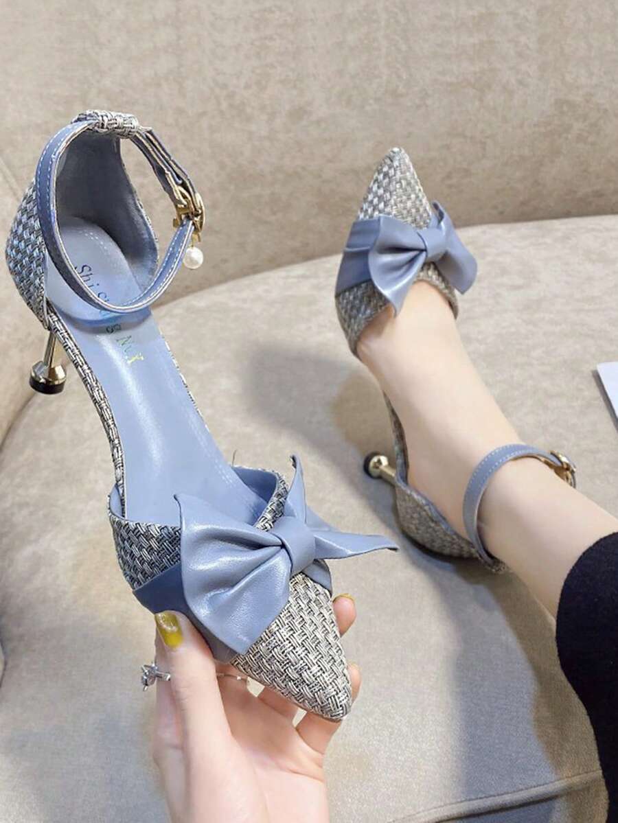 闪亮水钻蝴蝶结银色尖头细高跟女式套脚鞋