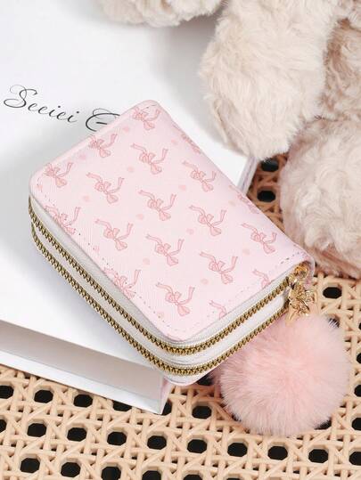 With A Pom-Pom Charm,Pink Bow Love Pattern Versatile Coin Wallet,Double Zipper Card Holder Multi-Card Card Organizer For Storage Credit Cards,Lightweight Minimalist,Fashion,Modern,Business,For Anniversary,For Christmas,On Valentine Day,For Birthday Gift,For Gift,For Lover For Women,For Girls,For Lady,For Female,Bag School Supplies For School Dorm Room & Back To School