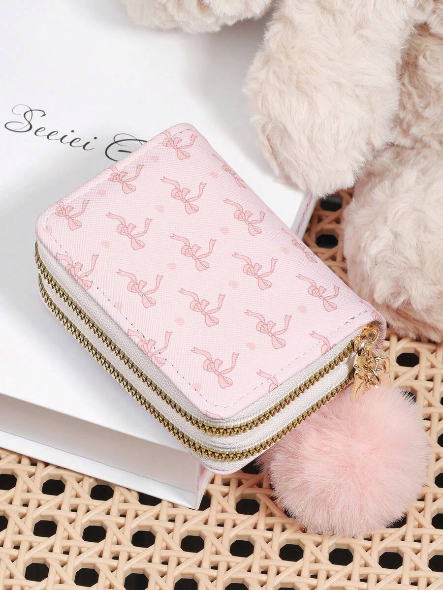 Avec un pompon, portefeuille polyvalent à motif nœud rose et amour, porte-cartes à double fermeture éclair, organisateur de cartes multi-cartes pour ranger les cartes de crédit