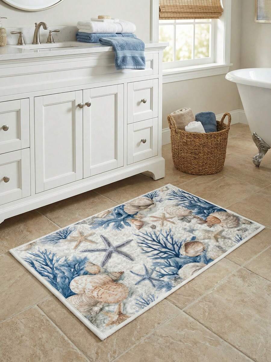 1 Stück Ozean Küsten Badezimmermatte, rutschfeste vertikale Matte, modische Waschküchen-/Badezimmermatte, waschbare süße Duschvorlage, Wohndekoration, Heimessential, maritimer Vintage-Seestern-Muscheldekor - Verschiedenfarbig - Übersicht 1