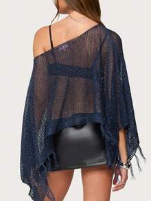 Women Sheer Poncho Shrug Lightweight See Through Knitted Mesh Shawl Y2k Asymmetrical Beach Poncho Cover Ups - 深藍色 - 查看 3