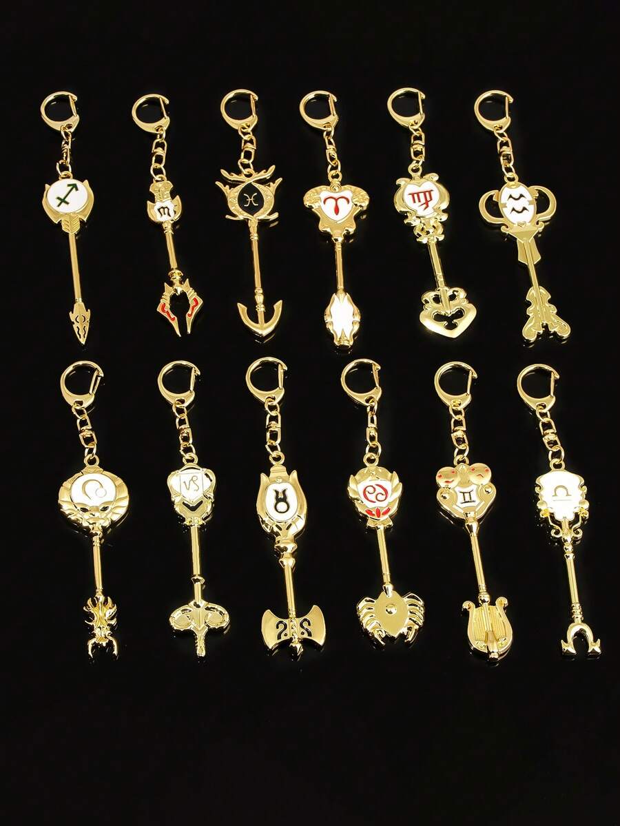 1个十二星座金色金属钥匙扣，女士款 - 星座图案钥匙圈，带龙虾扣，可作装饰包包挂饰，礼品及配饰，钥匙收纳器，设计精美，做工精细，收藏佳品 - 金色 - 查看 1