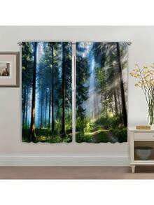 2pcs Misty Forest Path Printed Curtains, Designed For Light Filtering, Quality Material, Ideal For Nature-Inspired Home Window D - 彩色 - 查看 2