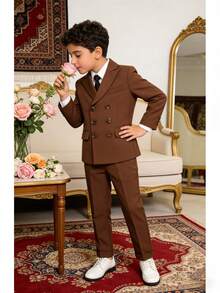 Setelan Jas Pria Tampan untuk Anak Laki-Laki, Blazer Kancing Ganda + Celana + Dasi, 3 Potong, Pakaian Formal untuk Pernikahan, Pertunjukan, dan Pesta Anak Laki-Laki - Coklat - View 5