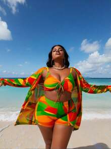 Women's Casual Beach Swimwear – Two-Piece Bikini With Mesh Cover-Up - Green - View 6