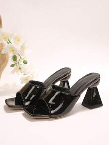 Square Toe High Heel Fashion Slippers For Women, European & American Style Crystal Heel Elegant Fabric Upper Open Toe Sandals - Black - View 6