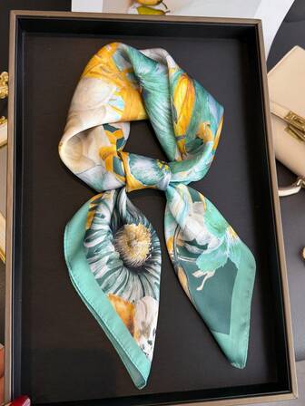 1 pieza Pañuelo cuadrado de satén estampado de estilo vintage elegante para mujer, tipo seda sintética, estilo bohemio vintage casual para el cuello de la mujer, chal, ligero y delgado, cómodo pañuelo de mujer, para uso diario y salidas en primavera y verano