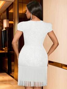 Đầm midi thanh lịch AOMEI màu trắng chất liệu jacquard lưới, cổ hình trái tim, viền tua rua, thích hợp cho đám cưới mùa xuân, tiệc cocktail. - trắng - Xem 6