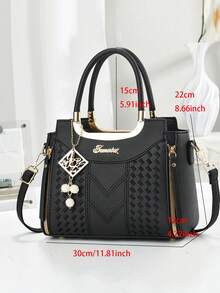 New Elegant Women's Handbag, Classic Stylish Durable Casual Tote Bag, Versatile For All Seasons, Suitable For Travel And Shopping, Large Capacity, Shoulder And Crossbody Strap, Comes With Accessory - Black - View 4