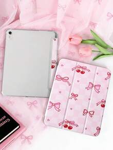 1pc Colorblock Cherry Bow Watercolor Tablet Case, Compatible With IPad 10th/11th/10.2/10.5/Air4/Air5/10.9/Pro11/Air 11-In.(M2)-2024/Pro 11-In.(M4)-2024/IPad Air 11-Inch (M3) 2025/IPad (A16) 11 Inch 11th Generation 2025, Mini6/Mini7/Air1/Air2/9.7, Tab A8 10.5 Inch 2022, Built-In Pencil Slot, Tri-Fold Stand, Magnetic Sleep/Wake, Minimalist/Creative/Unique/Fun/Cute/Niche Design (Tablet Not Included) - Multicolor - View 4