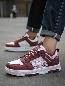 Męskie nowe, retro, kolorowe, podwyższone, codzienne, sportowe buty trekkingowe, sznurowane, z modnym wzorem litery i gałęzi, na deskorolkę, unisex - Burgund - Zobacz 9