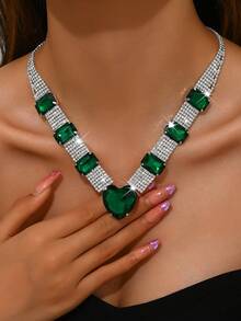 女士结婚首饰套装 | 闪亮心形绿色宝石水晶两件套 | 水钻配饰 | 适合婚礼、派对、情人节、感恩节礼物 - 綠色 - 查看 5