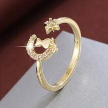 1pc Cartoon Cat Star & Moon Design Cubic Zirconia Inlaid Adjustable Open Ring, Fashion Jewelry Gift - Multicolor - View 2