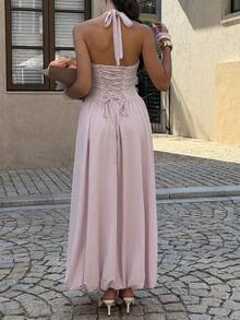 Unadoll 女士春季性感吊带露背系带腰带开衩连衣裙，优雅迷人，适合约会、度假、郊游、派对、晚宴、情人节和生日等场合。 - 粉色 - 查看 2