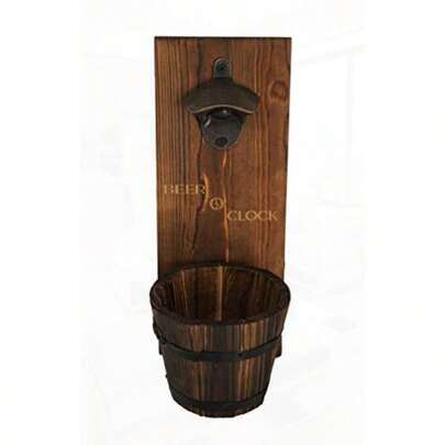 "Beer O' Clock" Rustic Wall Mounted Bottle Opener And Catcher - Dark Stain Pine With Zinc Alloy Opener - Removable Wooden Bucket - Man Or Woman Cave Ready