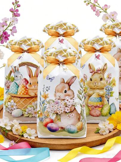 10 pièces Sacs cadeaux de Pâques, sacs à bonbons, faveurs de fête de Pâques, sacs à bonbons en plastique en forme de lapin avec cordon coulissant, sacs d'emballage cadeaux, convient pour les fournitures de fête de Pâques, décorations de Pâques printanières, sacs d'emballage en forme d'œuf de lapin de dessin animé