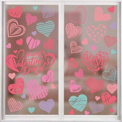 4 Sheets Valentine's Day Window Clings - Pink Heart Static Stickers - Reusable No Glue Glass Decals For Home, Office, Party Decoration