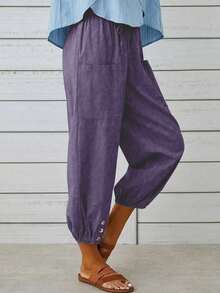 New European & American Style Loose High Waist Button Linen 3/4 Wide Leg Pants For Women - Purple 2 - View 3