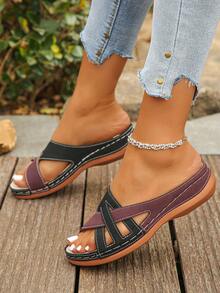 女士新款时尚圆头坡跟厚底凉鞋,舒适轻便露趾设计,酒红色拼接黑色,度假风夏季日常穿着,酒红色拼接黑色厚底凉鞋,沙滩拖鞋,旅行必备 - 酒紅拼黑色 - 查看 6