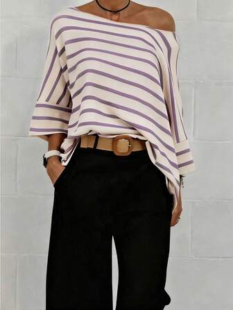 Women's Casual Striped Asymmetrical Shoulder Loose T-Shirt, Spring/Summer