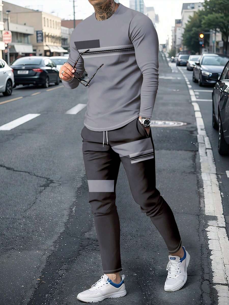 男士休闲撞色条纹印花长袖T恤和抽绳腰斜插口袋长裤套装，春秋季 - 灰色 - 查看 1