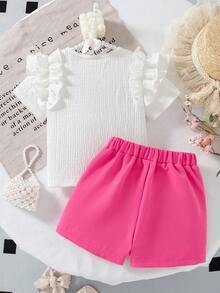 Niñas jóvenes Nuevo verano Sólido Color Cuello redondo Volantes Decoración con cuentas + Falda pantalón sólida linda con cuentas - Blanco - Ver 3