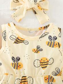 Bộ 2 món áo liền thân không tay in hình ong và chữ hoạt hình dễ thương cho bé gái, kèm băng đô. - Màu vàng - Xem 6
