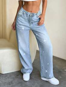 女士时尚做旧水钻装饰宽松直筒牛仔裤 - 淺色水洗藍 - 查看 4