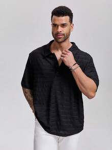 1pc Men's Black Striped Textured Polo Shirt, Collared Short Sleeve Button-Up Casual Versatile Top, Elegant For Holiday Parties, Suitable Gift For Father, Boyfriend, Dad, Friends - Black - View 9