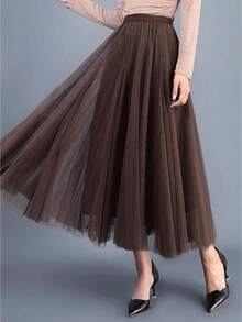 Tulle Skirts For Women Pleated Layered Tutu Skirt Ladies Elegant Flowy Long Skirts Bridesmaid Wedding Midi Skirt - Brown - View 1