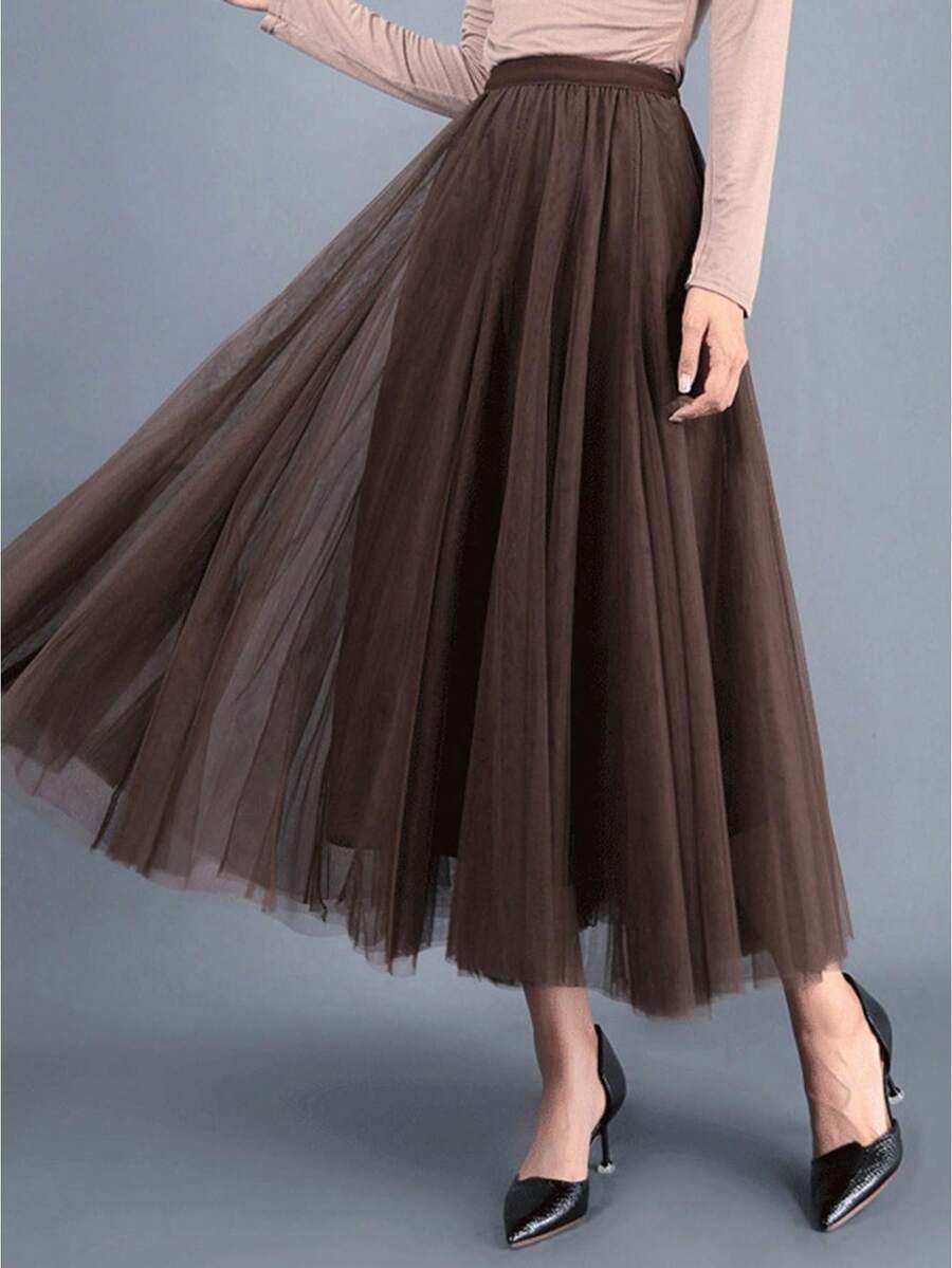 Tulle Skirts For Women Pleated Layered Tutu Skirt Ladies Elegant Flowy Long Skirts Bridesmaid Wedding Midi Skirt - Brown - View 1