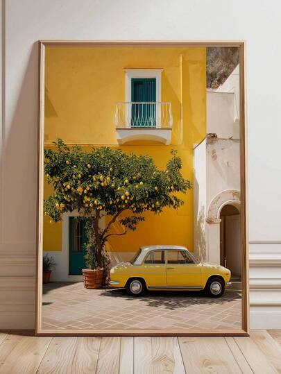 1pc, Canvas Wall Art, Framed Wall Decor, Mediterranean Lemon Tree Wall Art Print, Vintage Car Poster, Italian Summer Decor, Amalfi Coast Travel Photography, Kitchen & Dining Room Academic Style Artwork, Stylish Home Decor, Room Decor, Dorm Decor, Bedroom Decor, Living Room Decor, Bathroom Decor, Kitchen Decor, Holiday Gifts