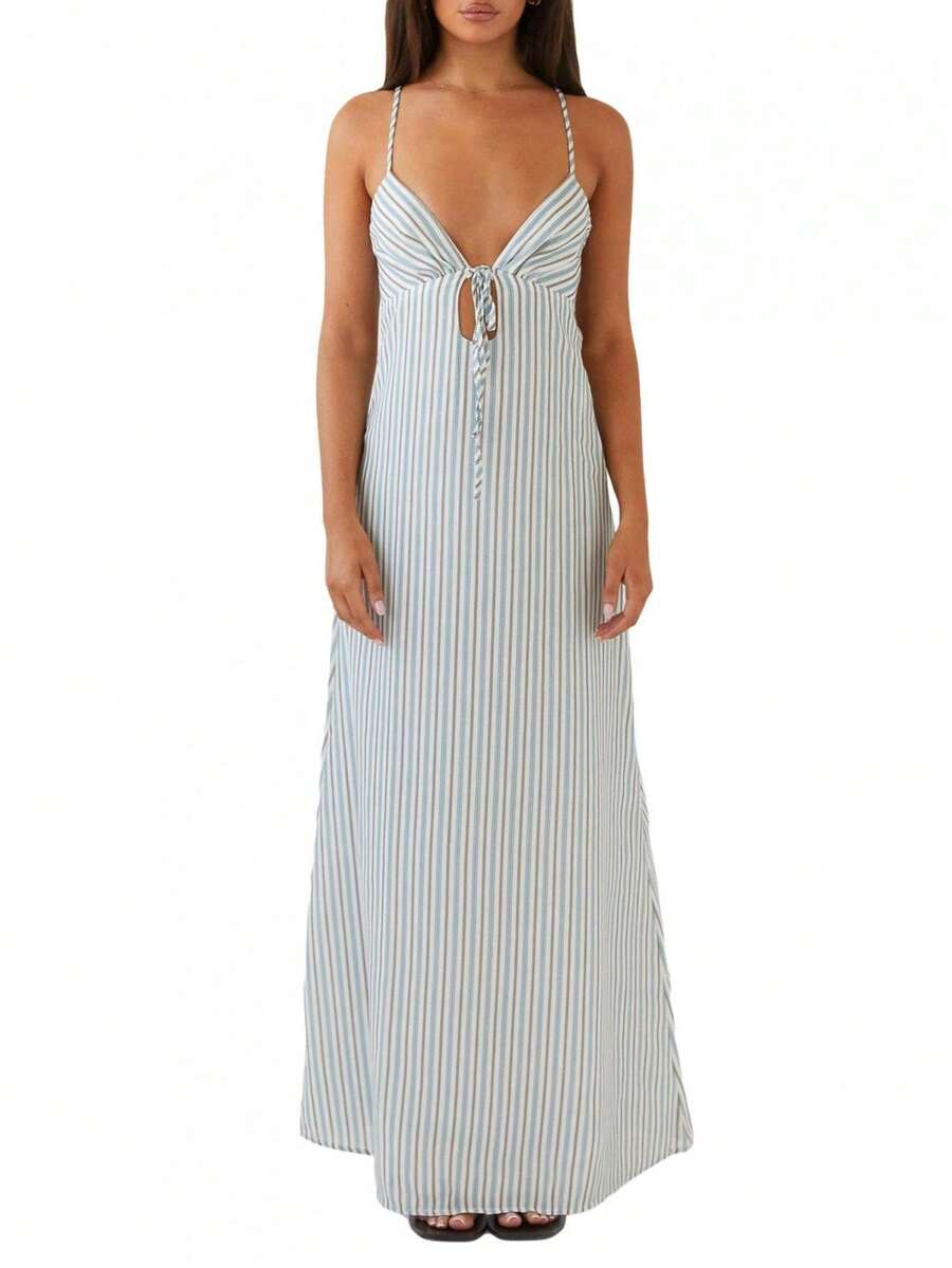 Womens Summer Long Dress Sleeveless Spaghetti Strap Tie-Up Front Loose Dress Back Cutout Dress - 天藍色 - 查看 1