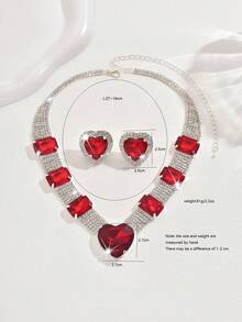 女士结婚首饰套装 | 闪亮心形红宝石水晶两件套 | 水钻配饰 | 适合婚礼、派对、情人节、感恩节礼物 - 紅色 - 查看 3